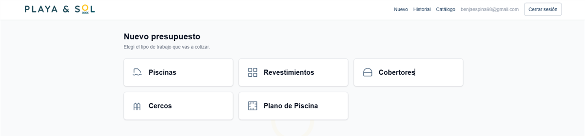 Presupuestador · Playa y Sol internal quoting portal, showing the five calculator categories