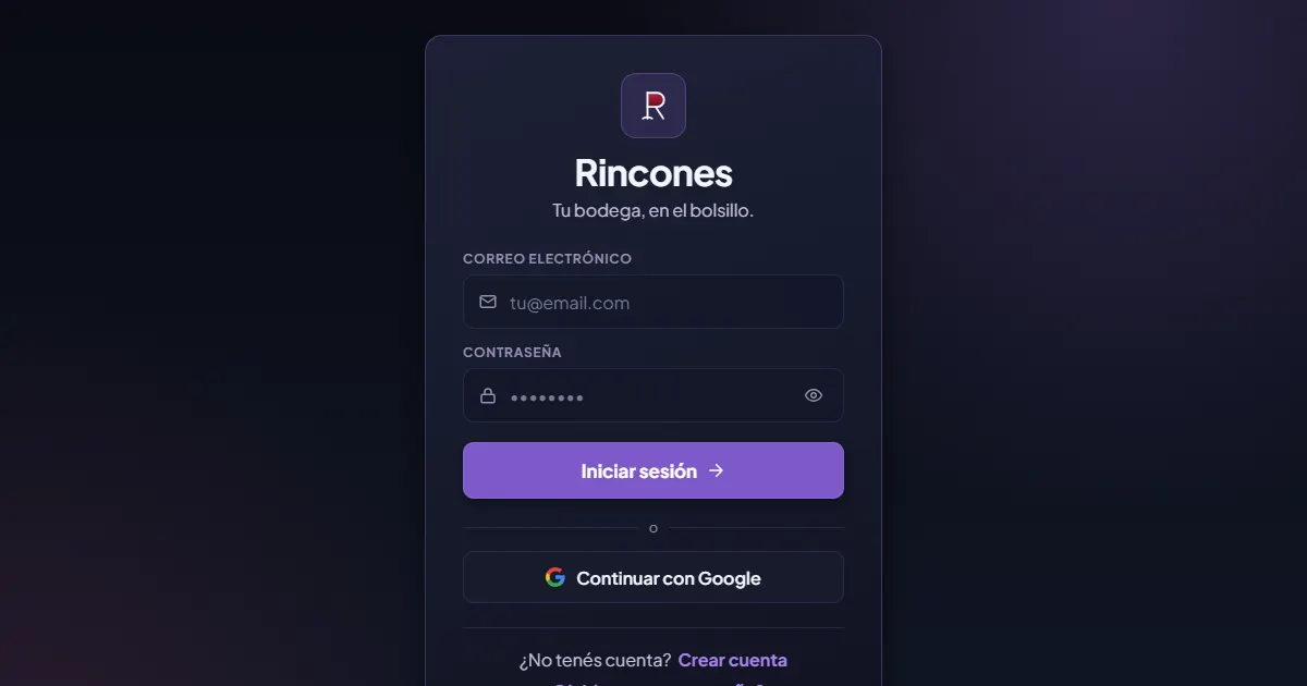 Rincones: sign-in screen of a wine cellar app